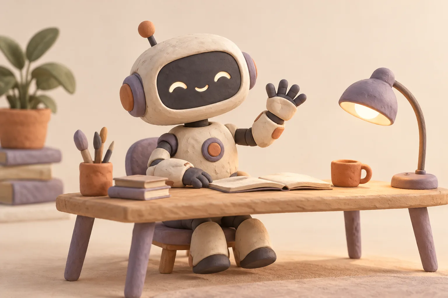 Original matte-clay robot waving at a small desk