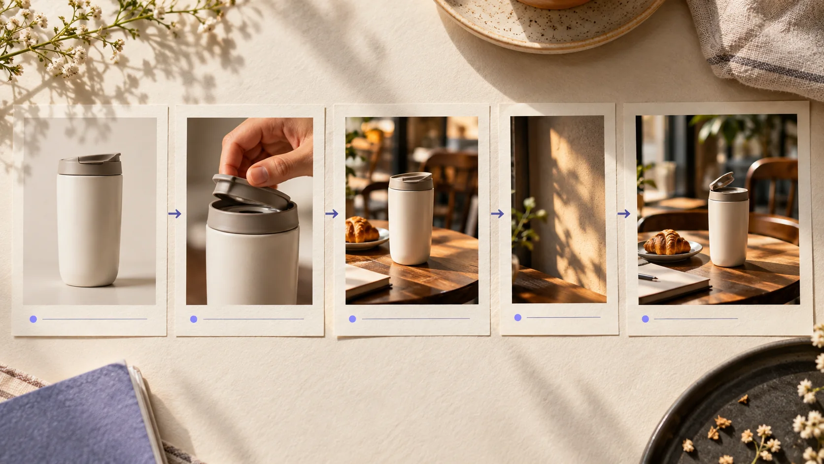 Five visual brief cards showing subject, action, setting, light, and output frame