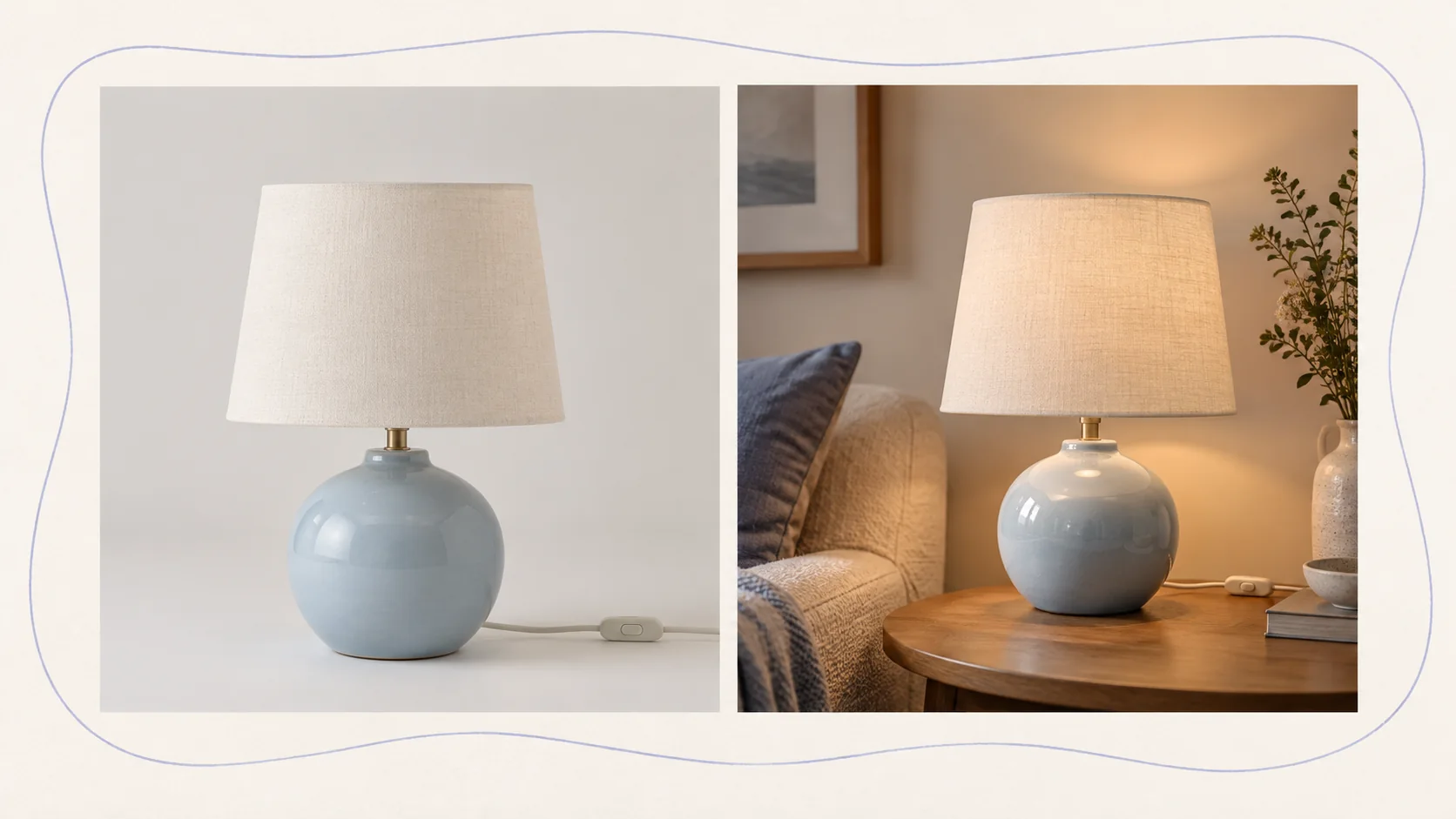Concept comparison of the same blue table lamp in a studio and a living room