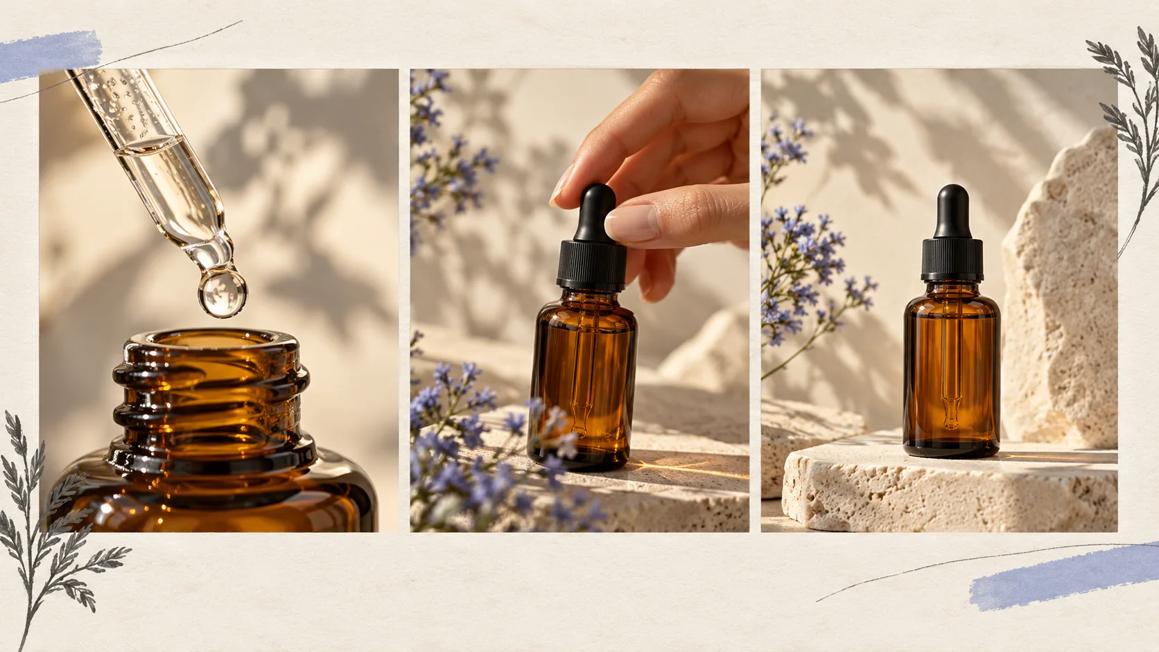 Three-frame serum bottle and glass-dropper packshot reference