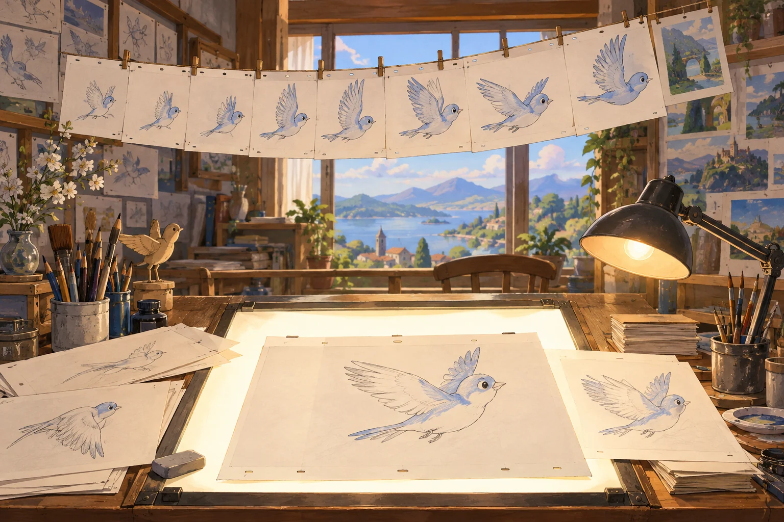 Hand-drawn bird key poses in an animator's studio
