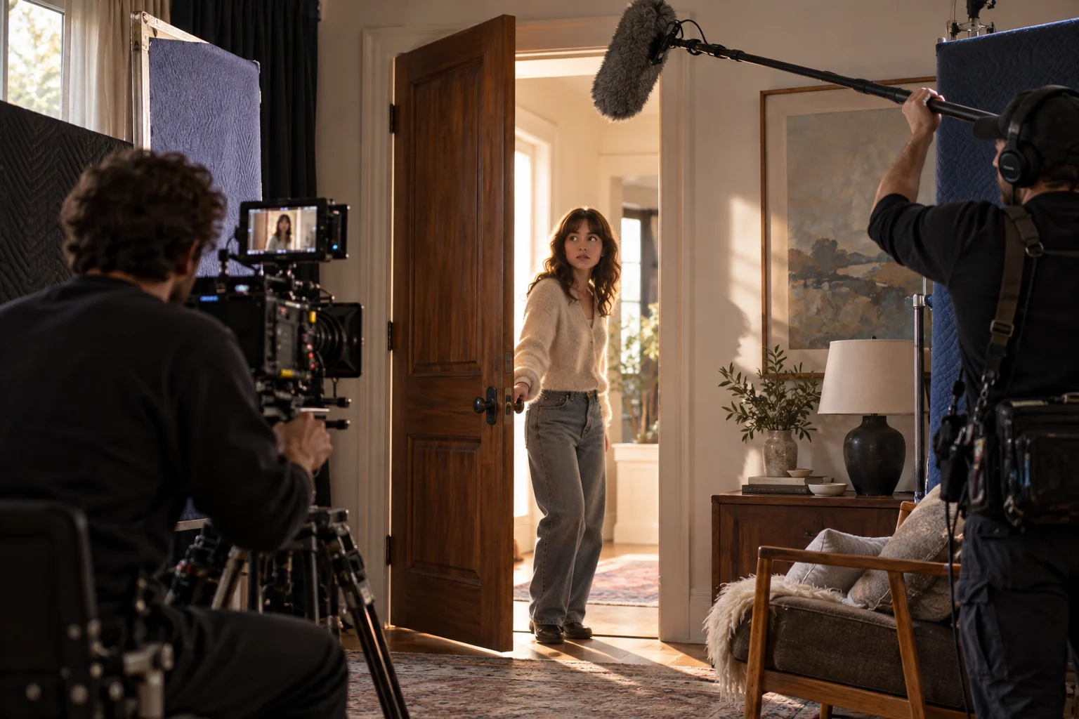 Film crew recording an actor opening a door with camera and boom microphone