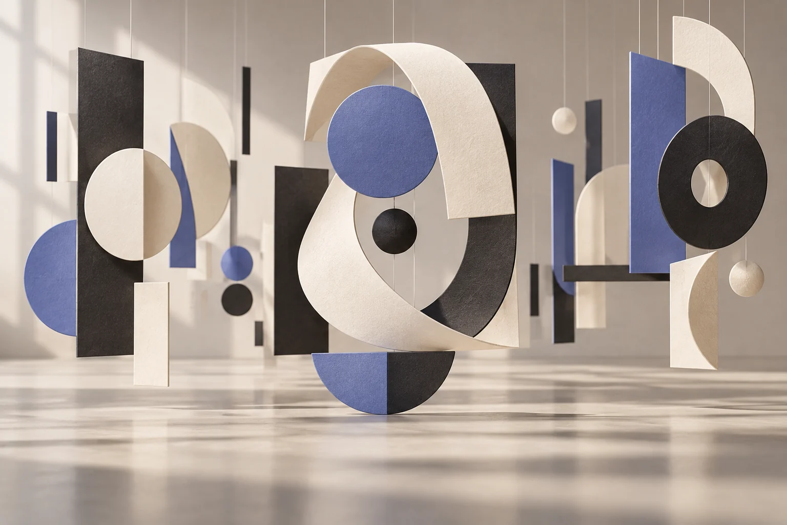Abstract paper shapes suspended in successive motion positions