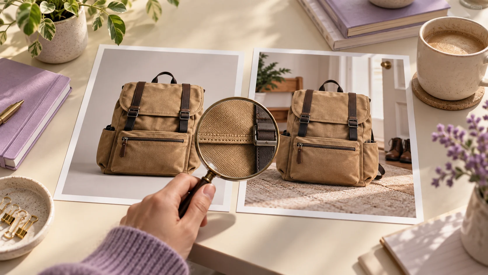 Two matching photographs of a tan backpack in different settings