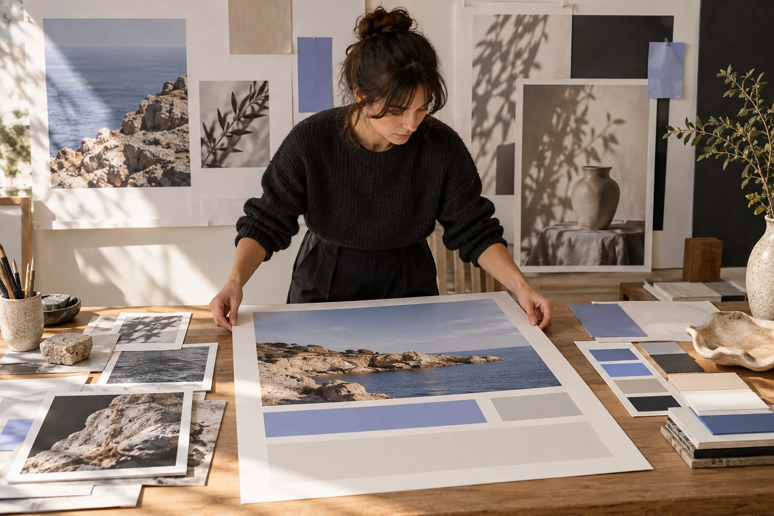 Art director arranging a poster mockup and still-life image proof