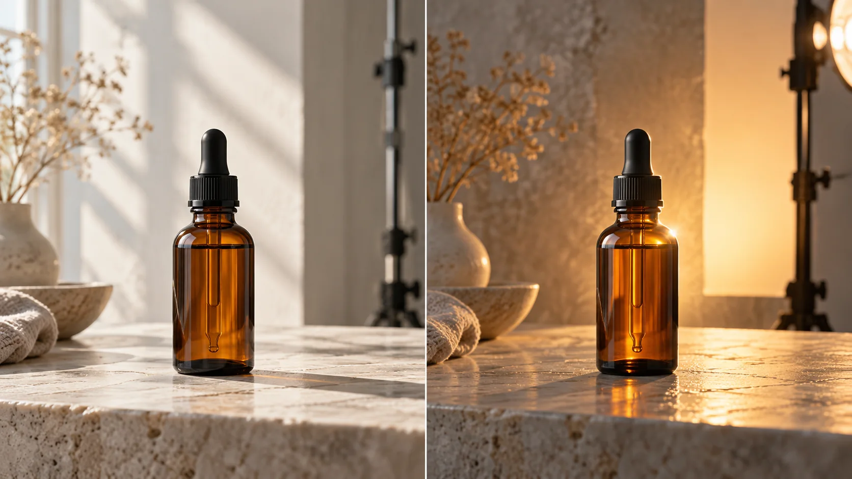 The same amber bottle under soft window side light and warm backlight with front fill