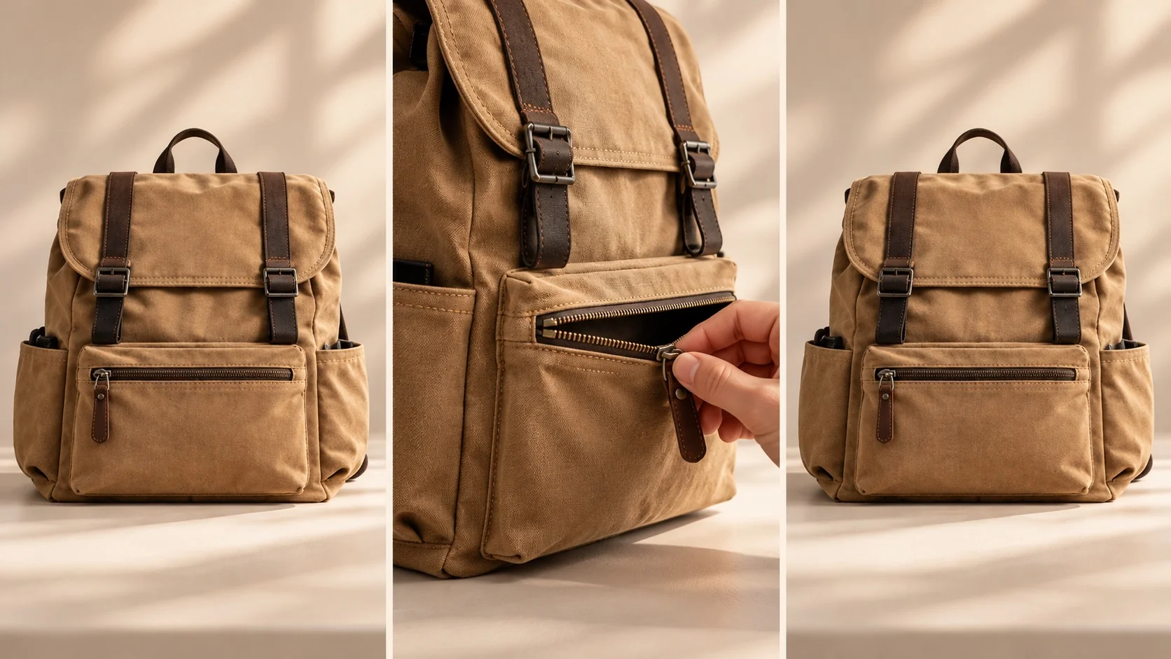 Three-frame storyboard: the same tan backpack front, its front pocket being opened, and the matching front view again
