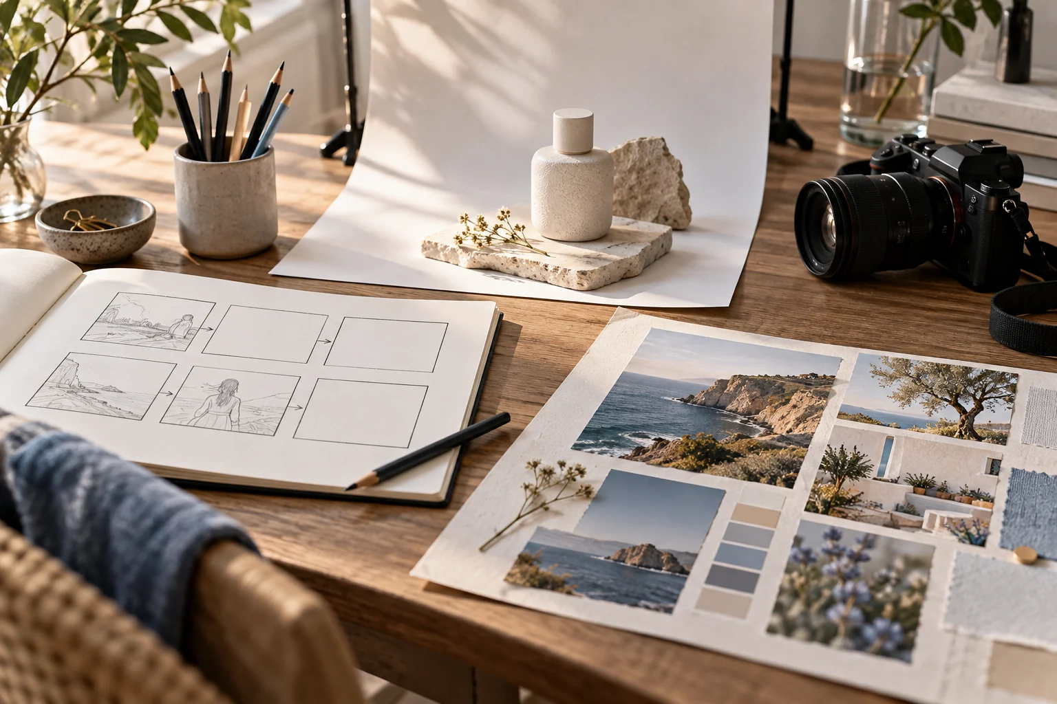 Creative worktable with storyboard, product photography set and image references