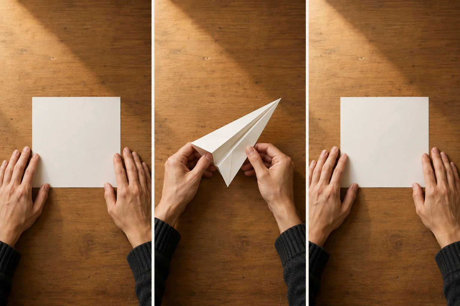 Overhead loop storyboard showing a flat square sheet, a folded paper plane and the original flat sheet again