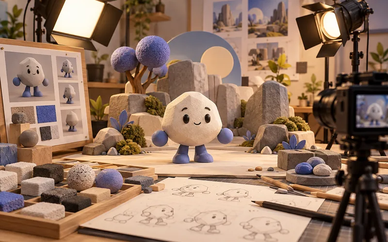 Original clay-like character with material swatches and miniature set