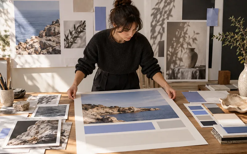 Art director arranging a poster mockup and still-life image proof