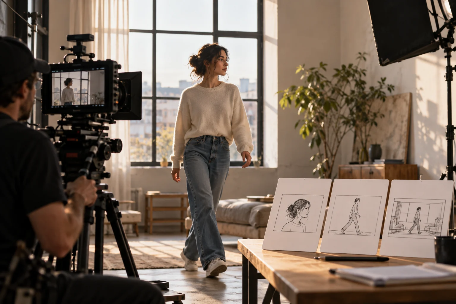 Performer and camera on a small film set with shot reference cards