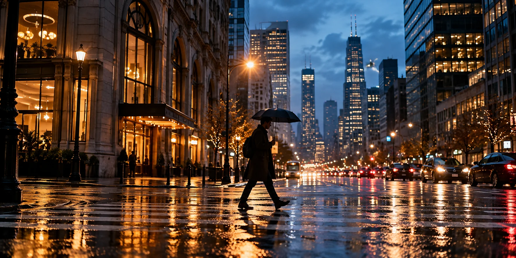 Rainy city street composed as a cinematic scene