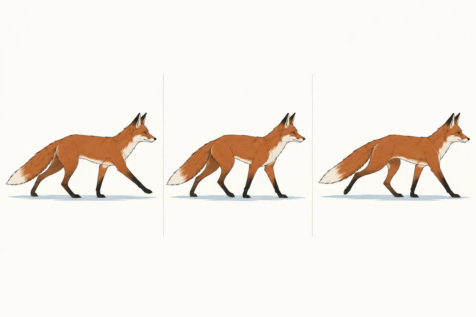 Three side-view walking poses of the same slender fox, with consistent ears and tail