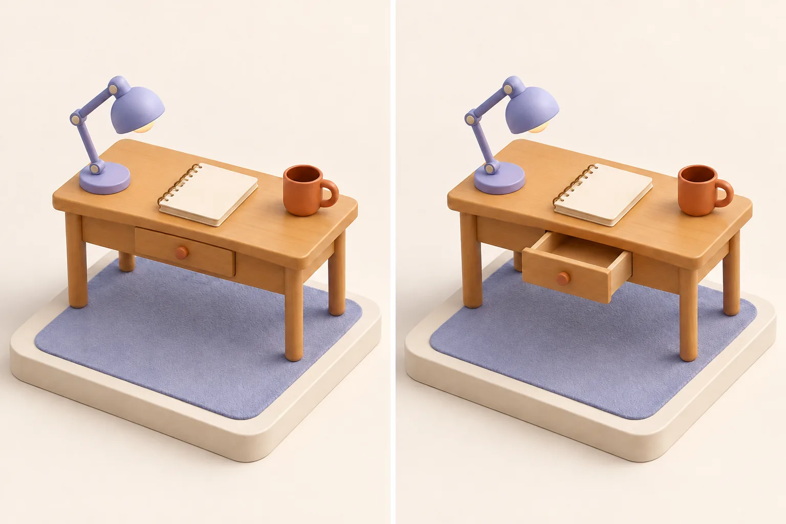 Two fixed-isometric clay desk views, first with the drawer closed and then open