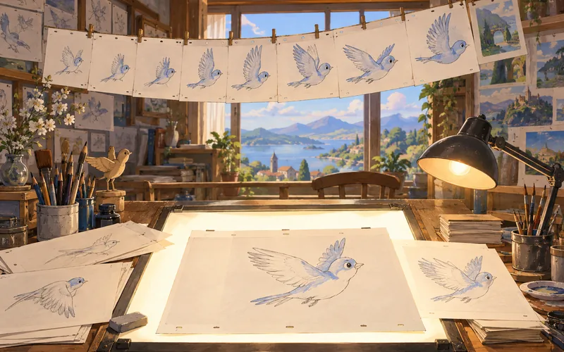 Hand-drawn bird key poses in an animator's studio