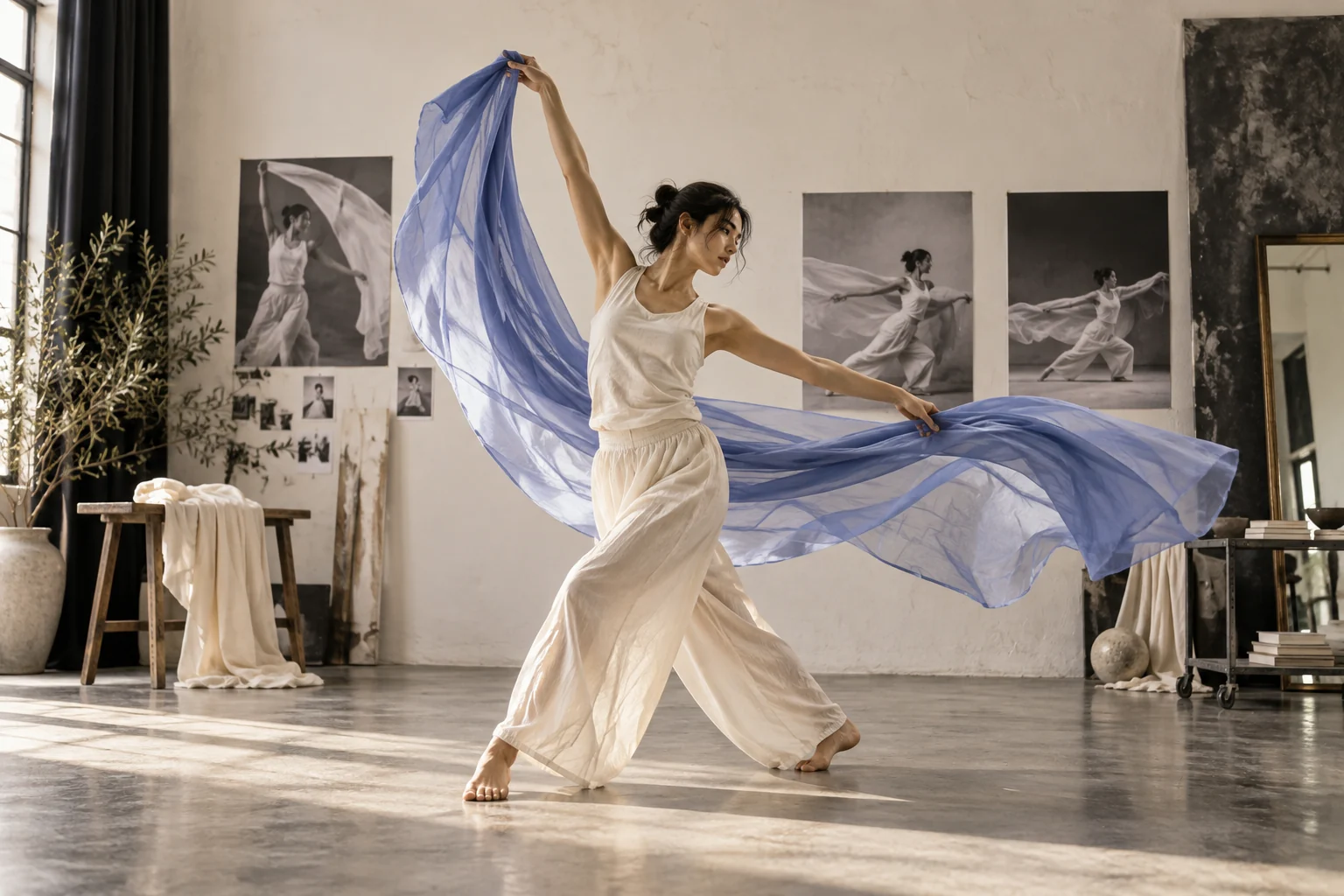 Performer moving fabric through the air in a rehearsal studio