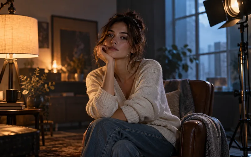 Actor in an interior shaped by warm and cool studio lighting