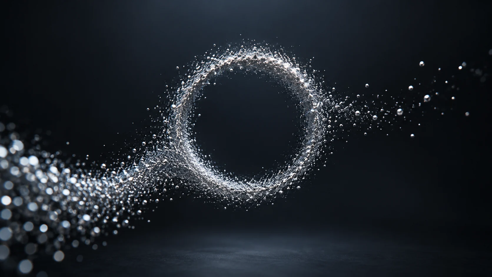 Silver particles gathering into a ring and dispersing against a dark backdrop