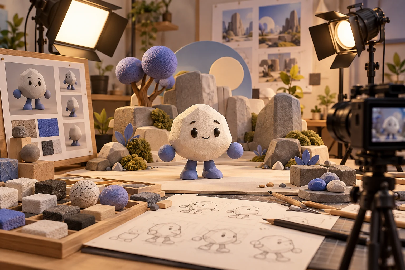 Original clay-like character with material swatches and miniature set