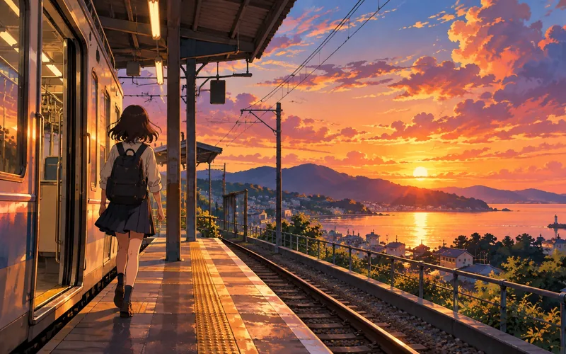 Original anime-style train platform scene at sunset