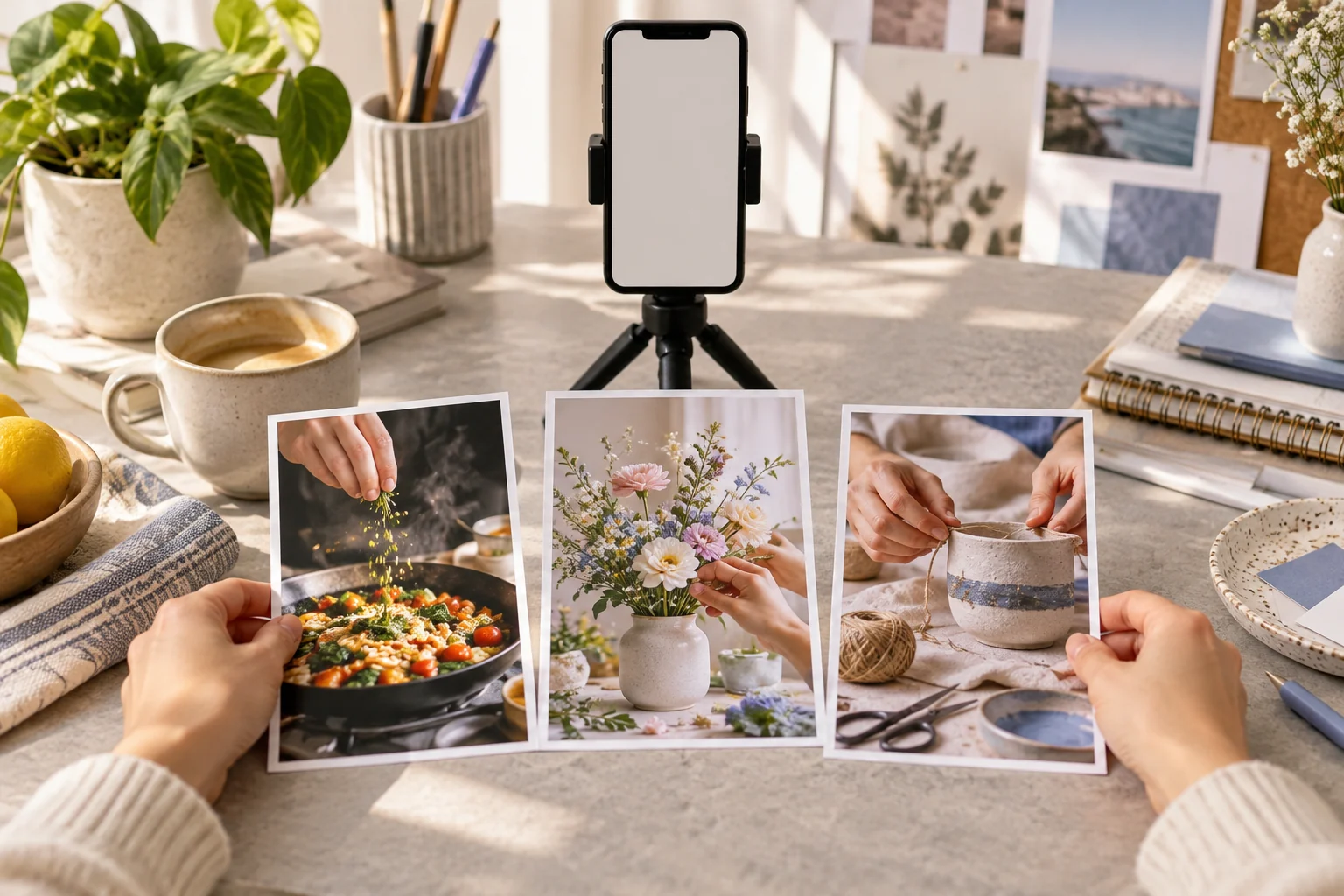 Three short-form video ideas displayed as vertical prints beside a phone tripod