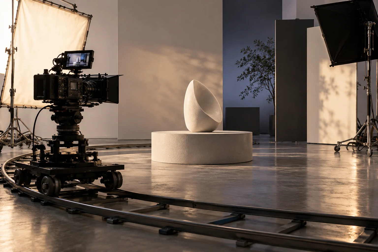 Cinema camera on a curved dolly track around a studio subject