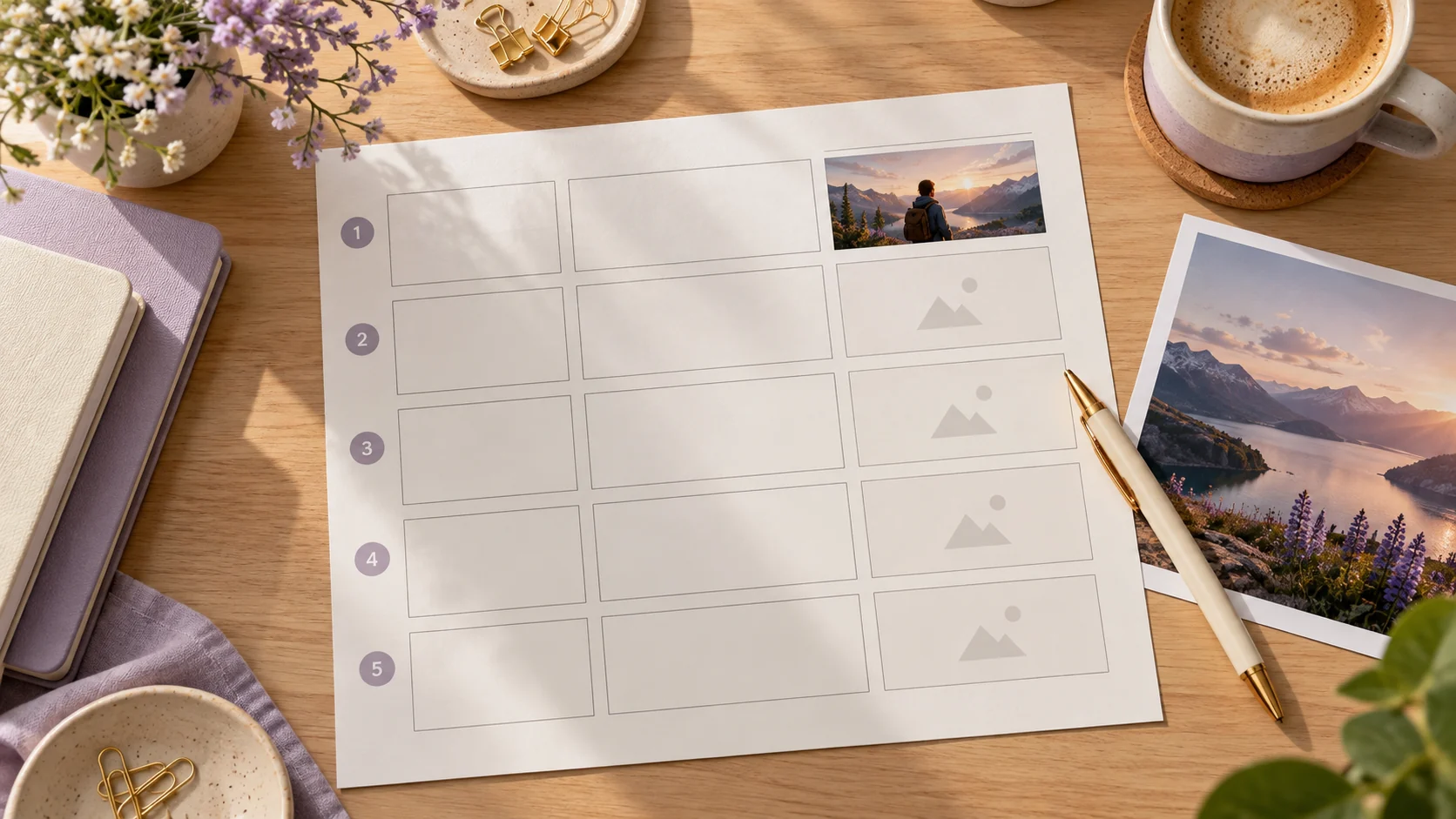 Blank five-part creative brief worksheet with video and image references