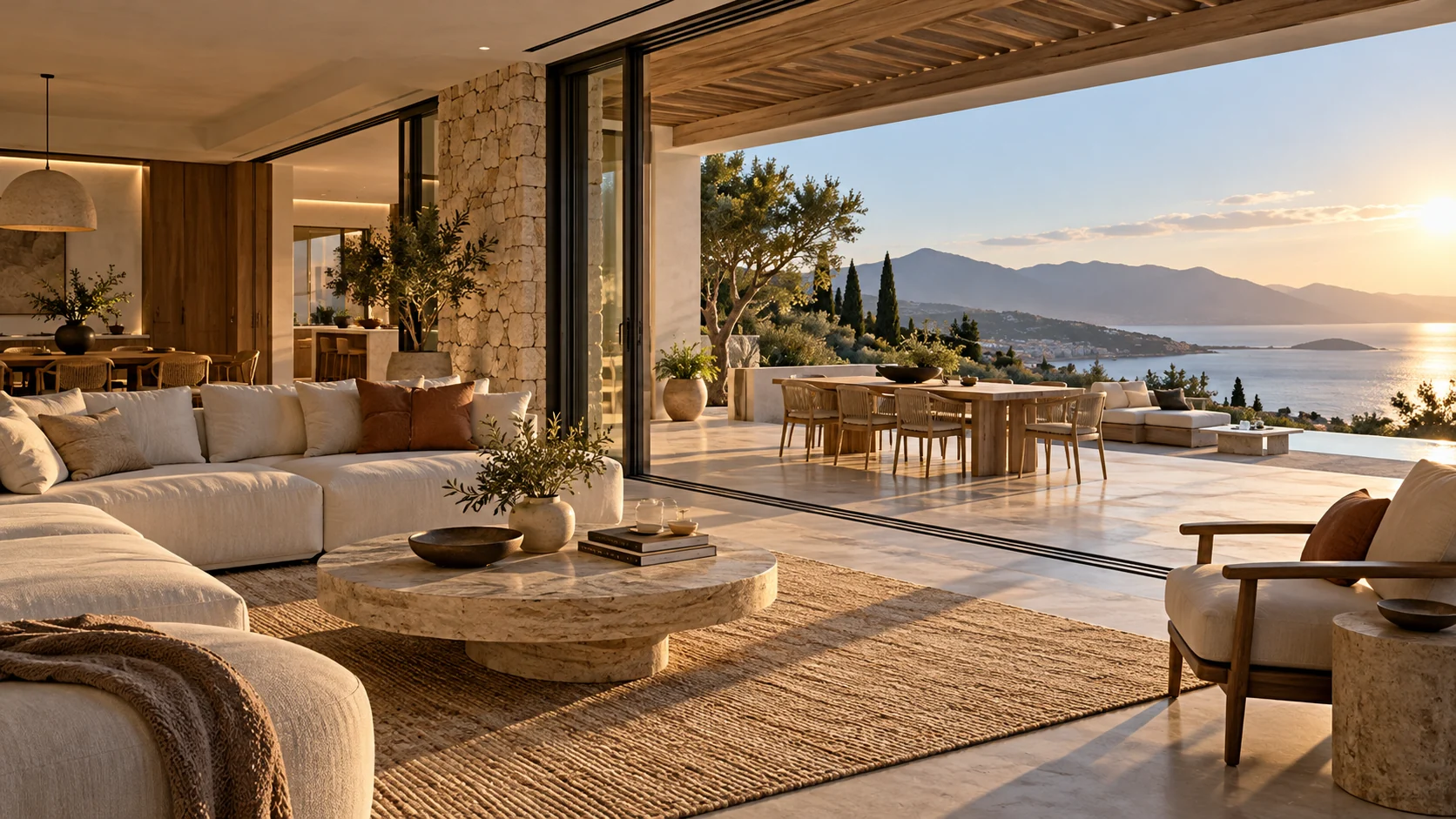Sunlit home interior opening onto a terrace