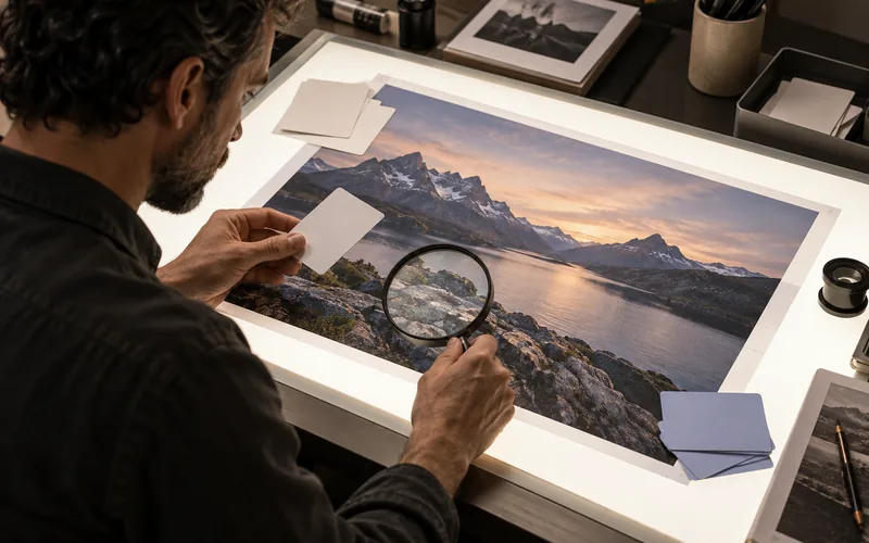 Filmmaker reviewing a clean reference image for visual artifacts