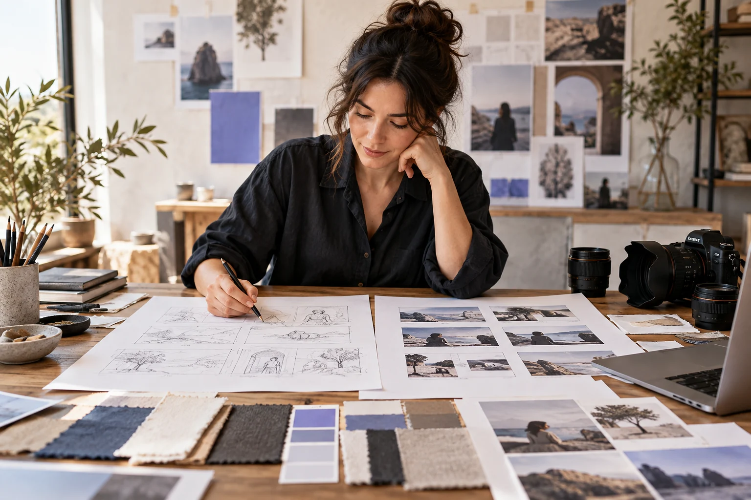 Creative professional refining a visual brief from sketch to storyboard