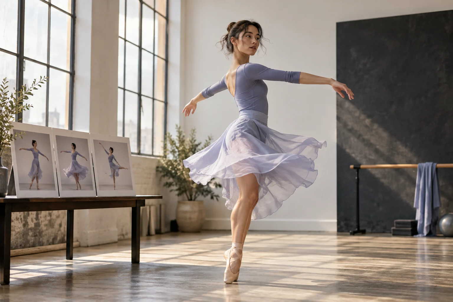 Dancer rehearsing a turning movement with sequential pose references