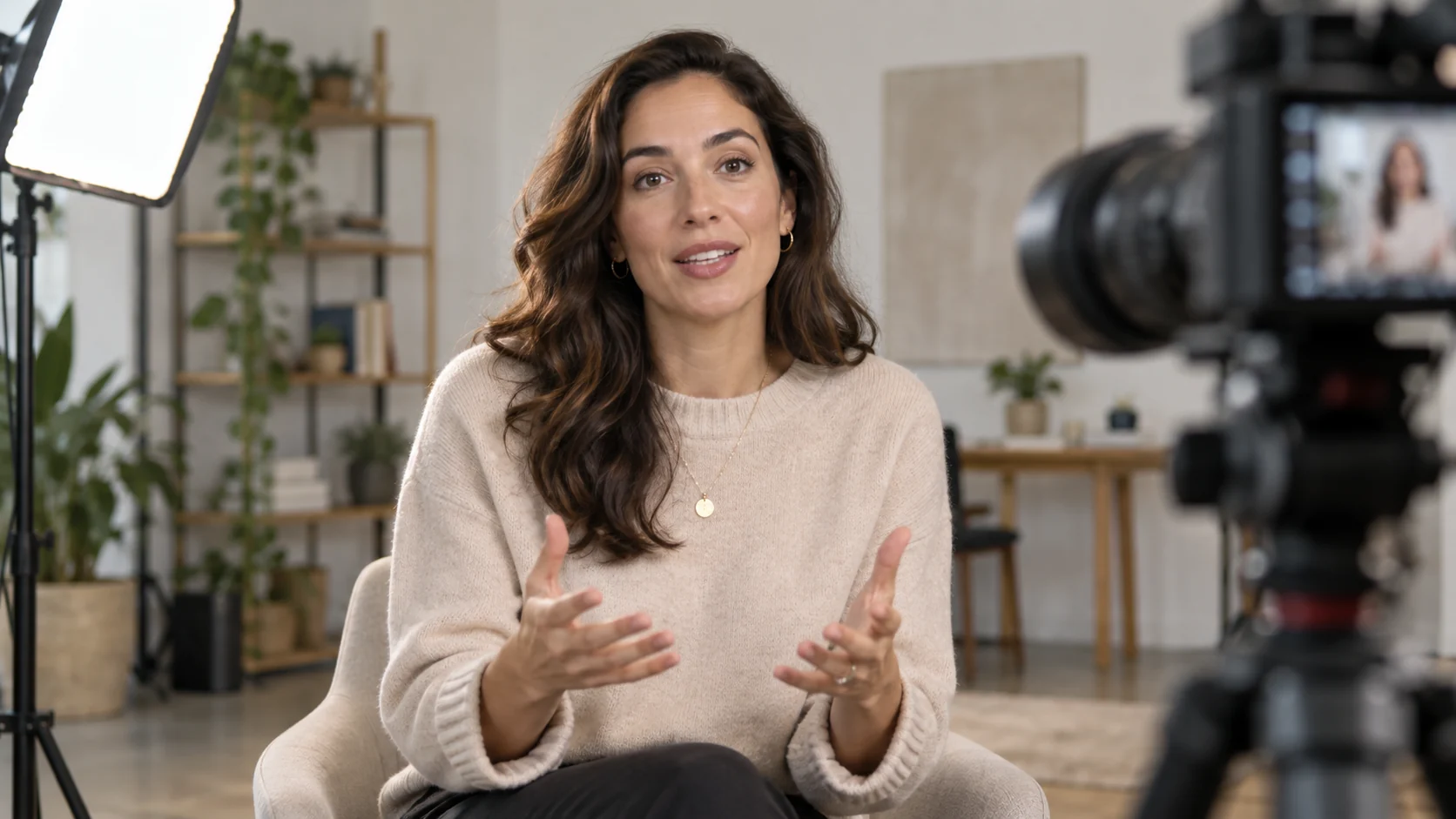 Presenter speaking to a camera in a daylight studio