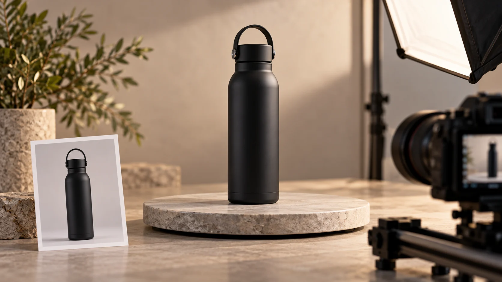 Black travel bottle on a studio set beside a matching front-view reference photo