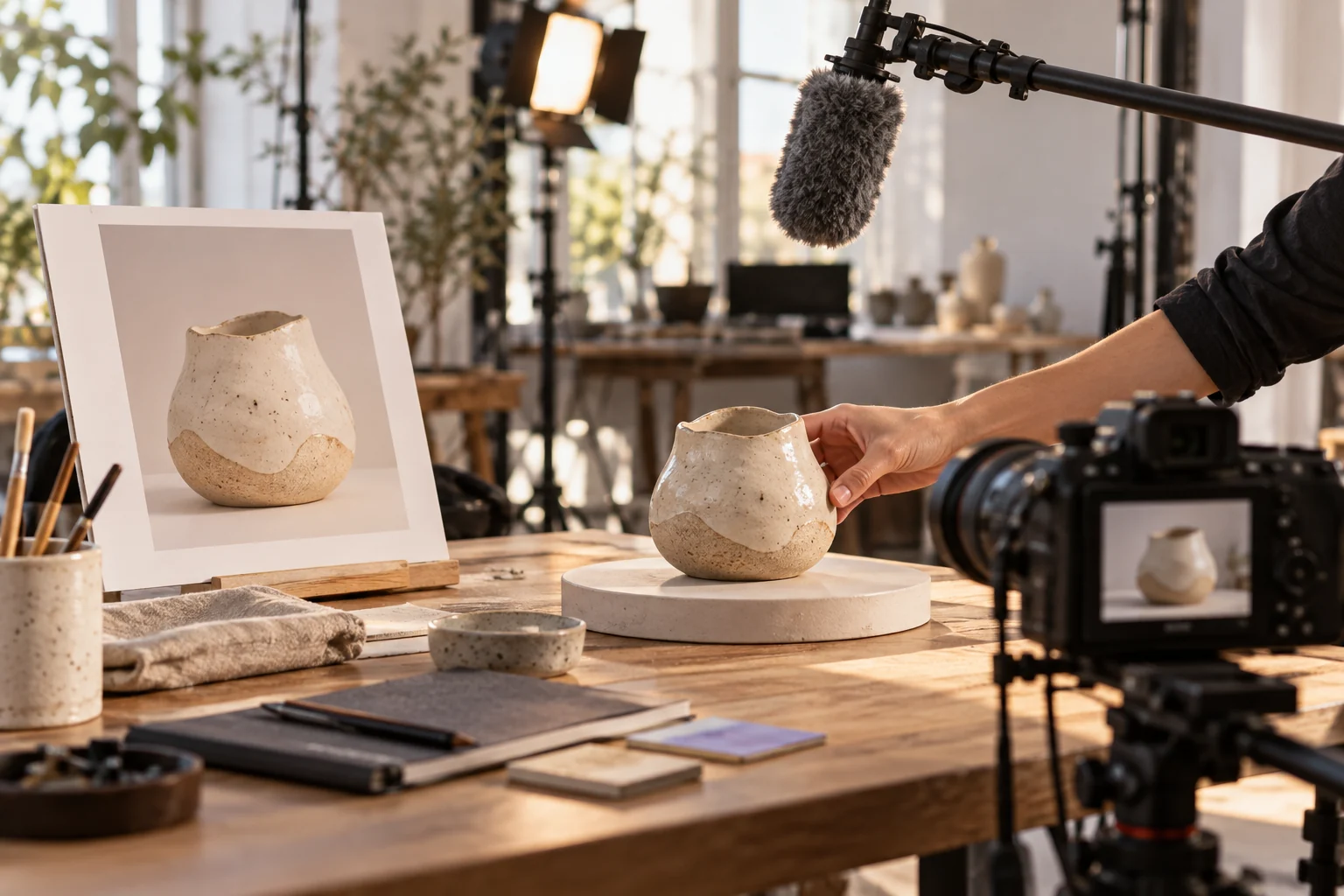 Reference photo beside a filmed ceramic object and boom microphone