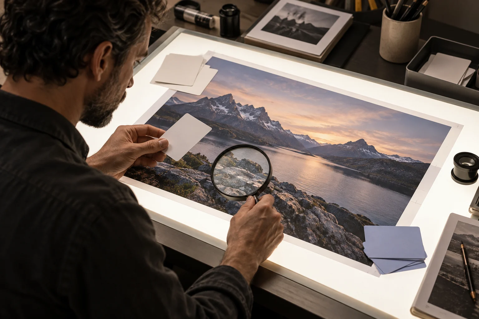 Filmmaker reviewing a clean reference image for visual artifacts