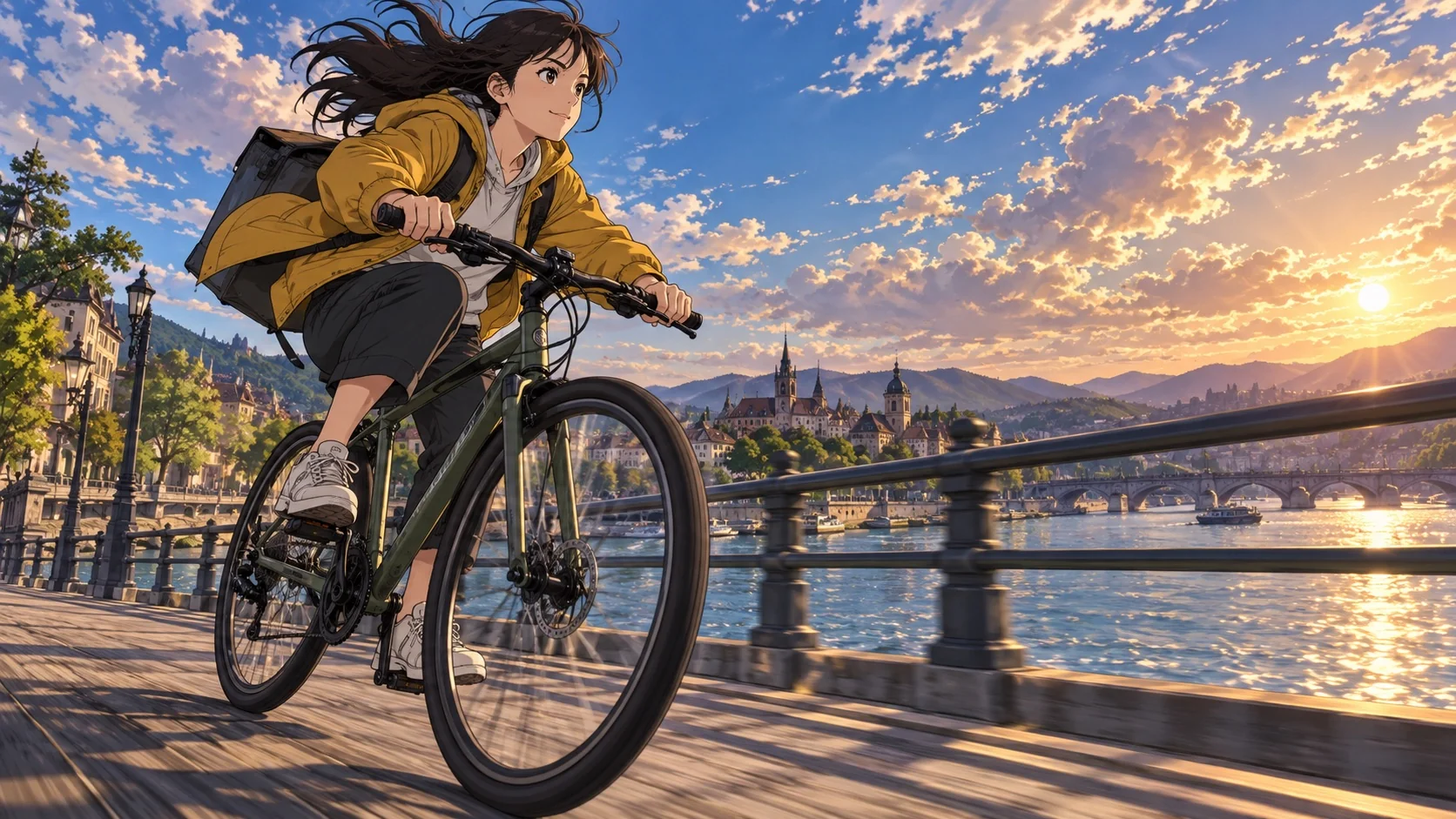 Original anime courier in a mustard jacket rides a bicycle across a riverside bridge beneath a painted sky