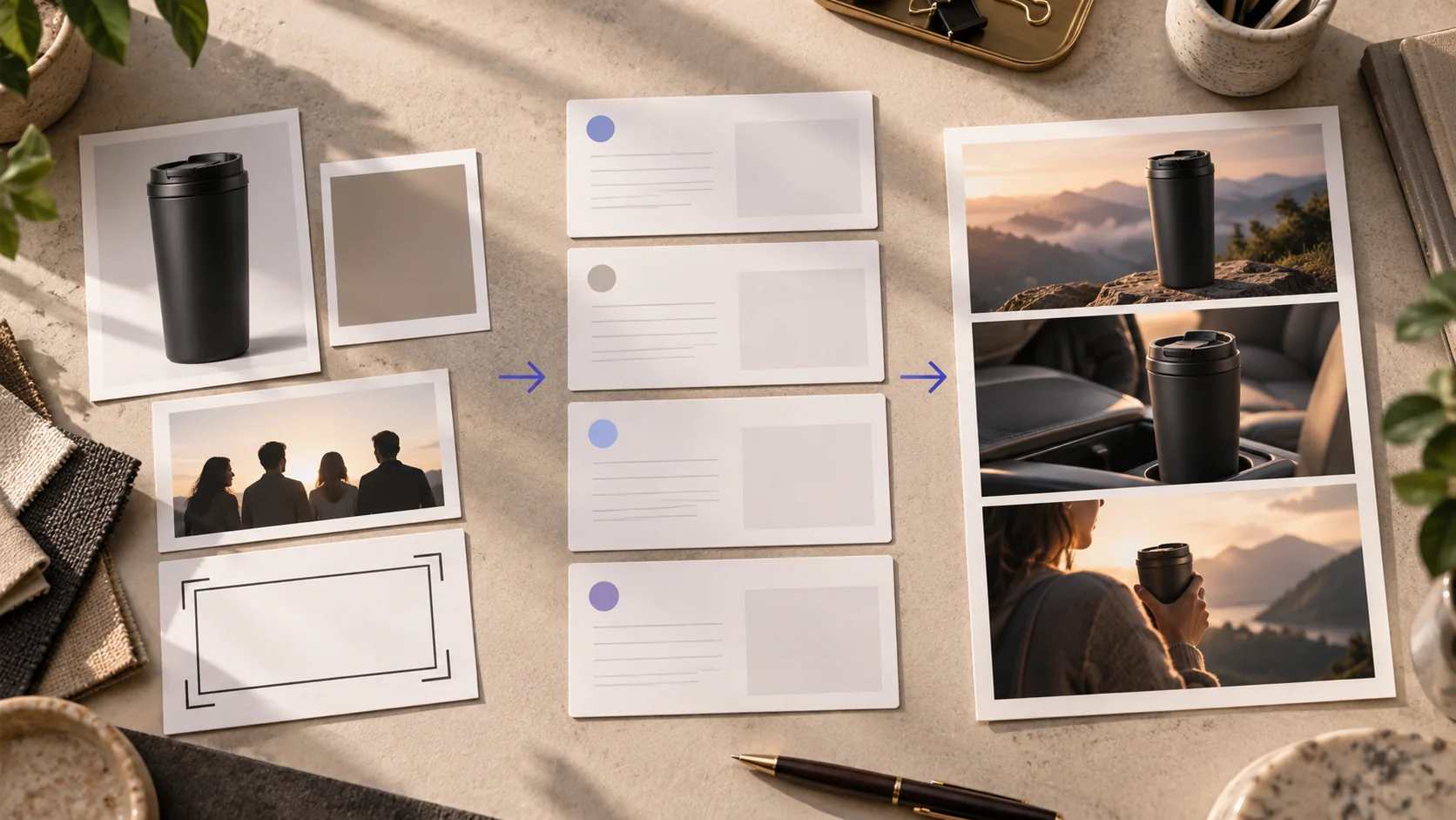 Physical planning board connecting approved product inputs to a three-frame storyboard