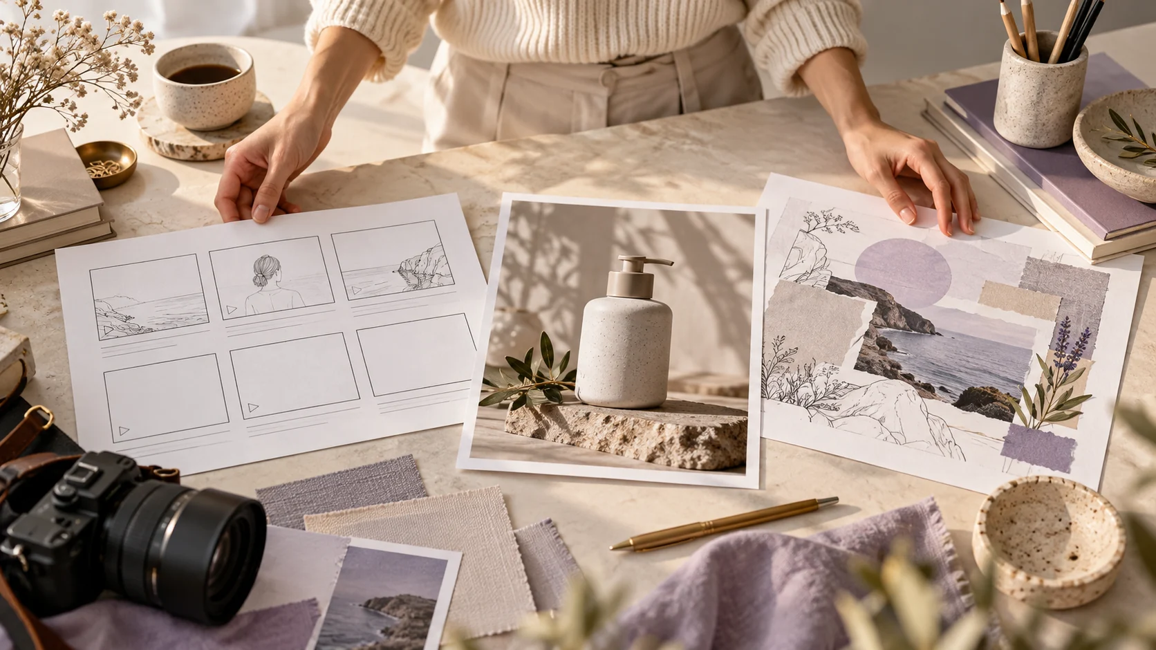 Creative table with a video storyboard, product photo and image mood board
