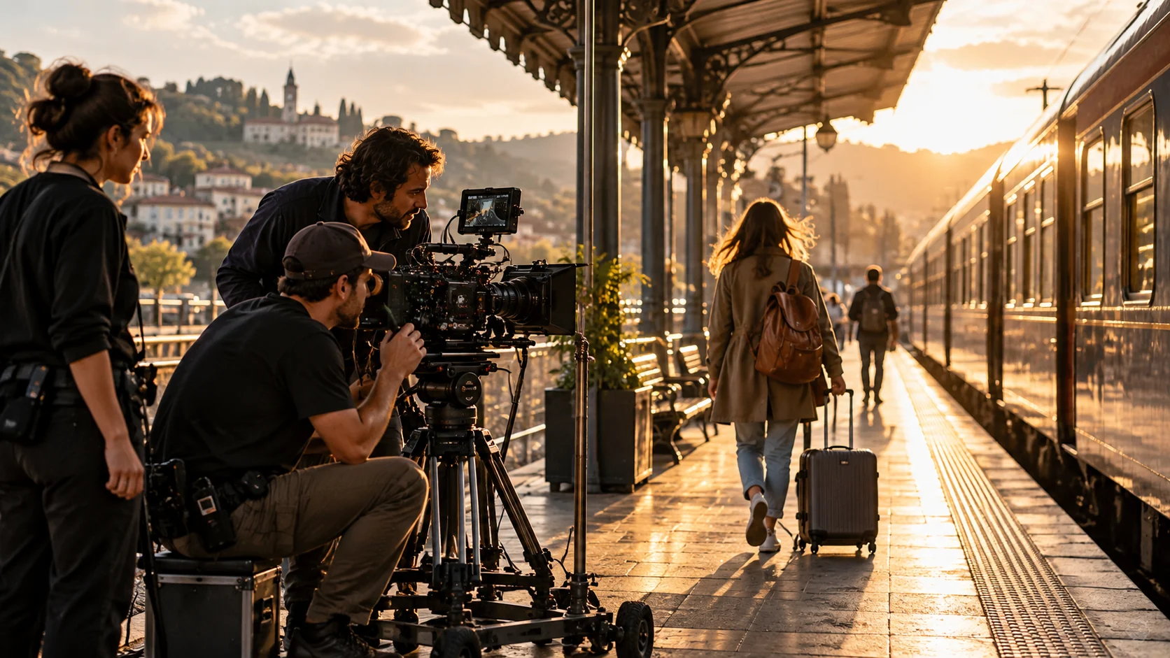 Film crew recording a traveler on a sunlit railway platform