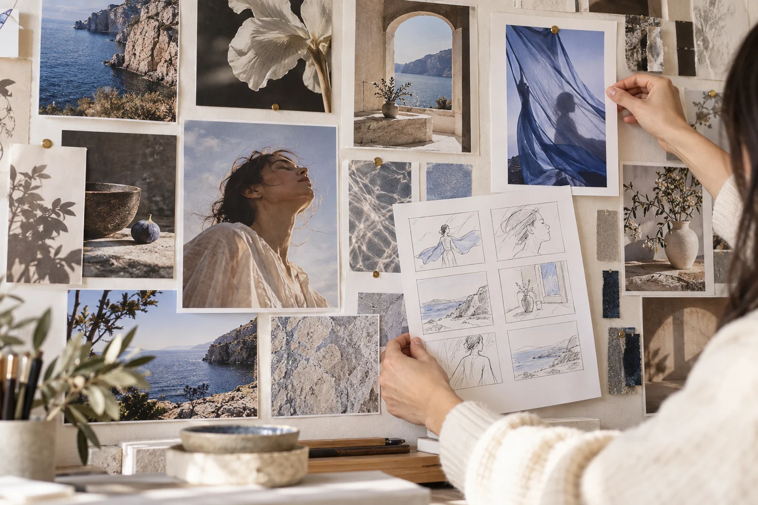 Creative trend research wall with original scene references