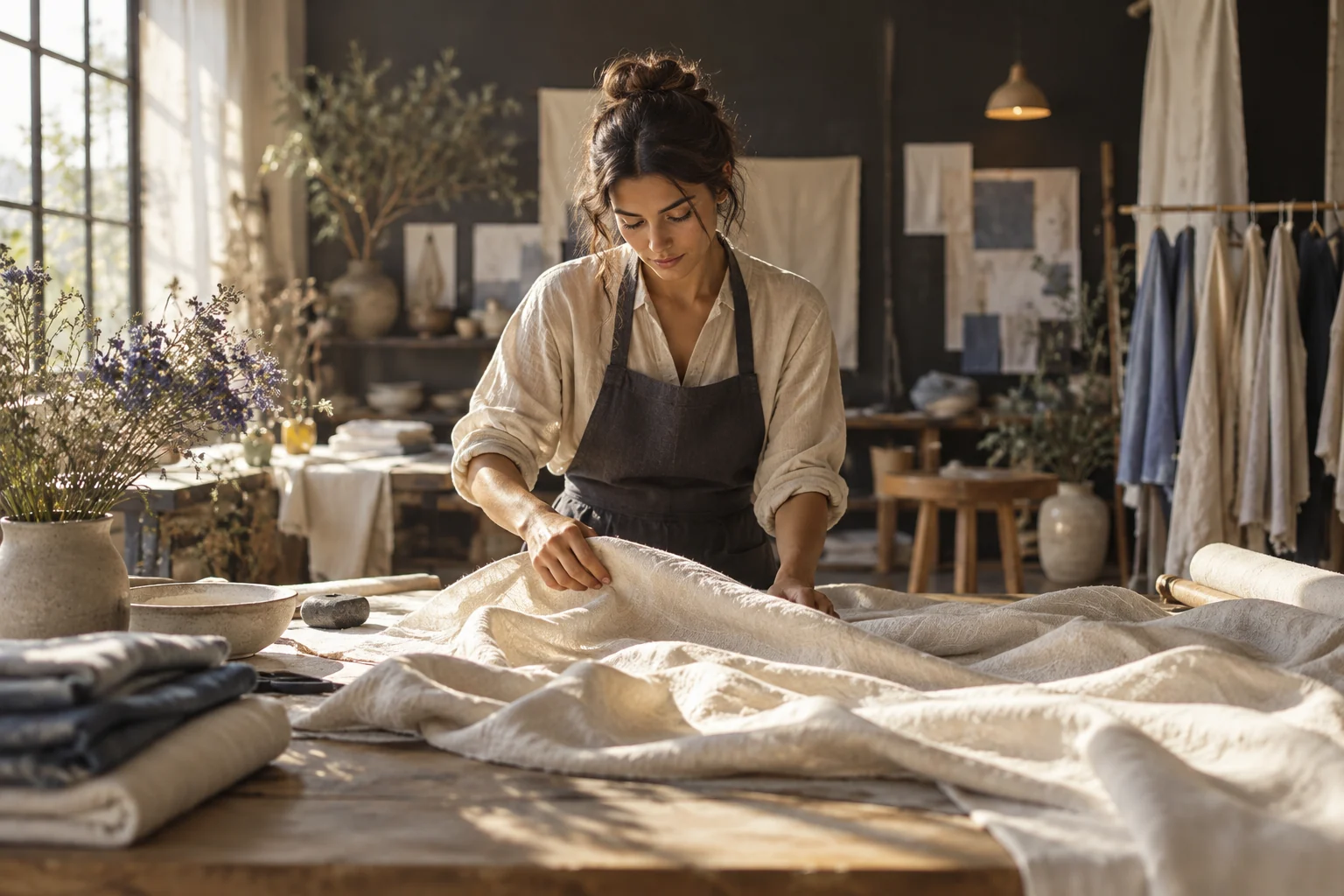 Artisan working with fabric while a camera records the process