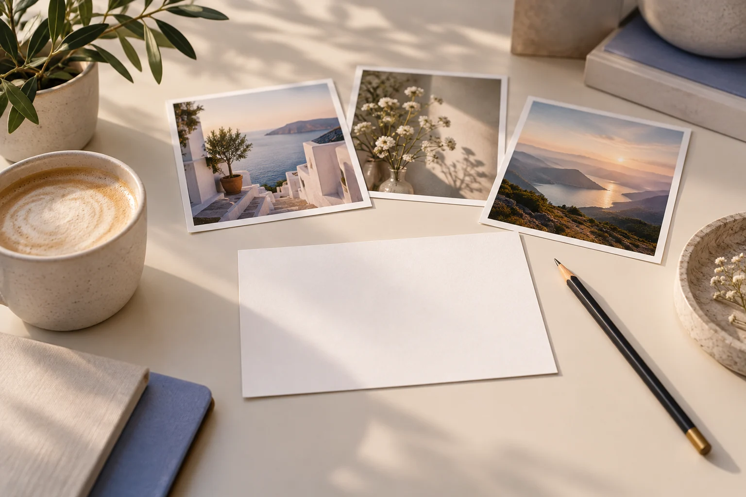 Blank prompt card and creative reference photos on a sunlit desk