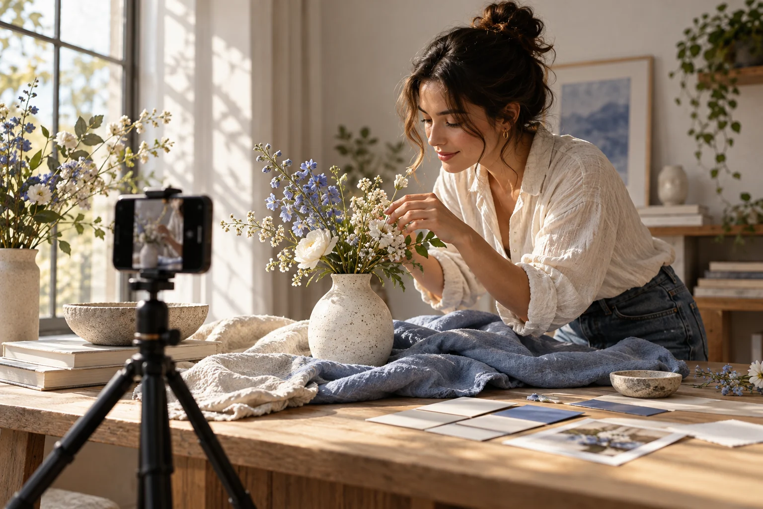 Creator filming a vase and flowers in soft window light