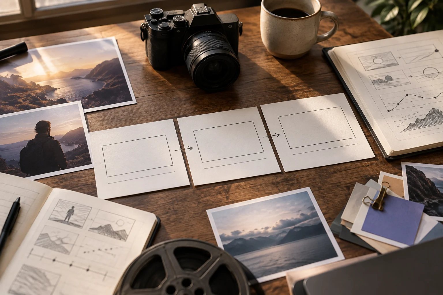 Director's tabletop with sequential video shot cards and camera