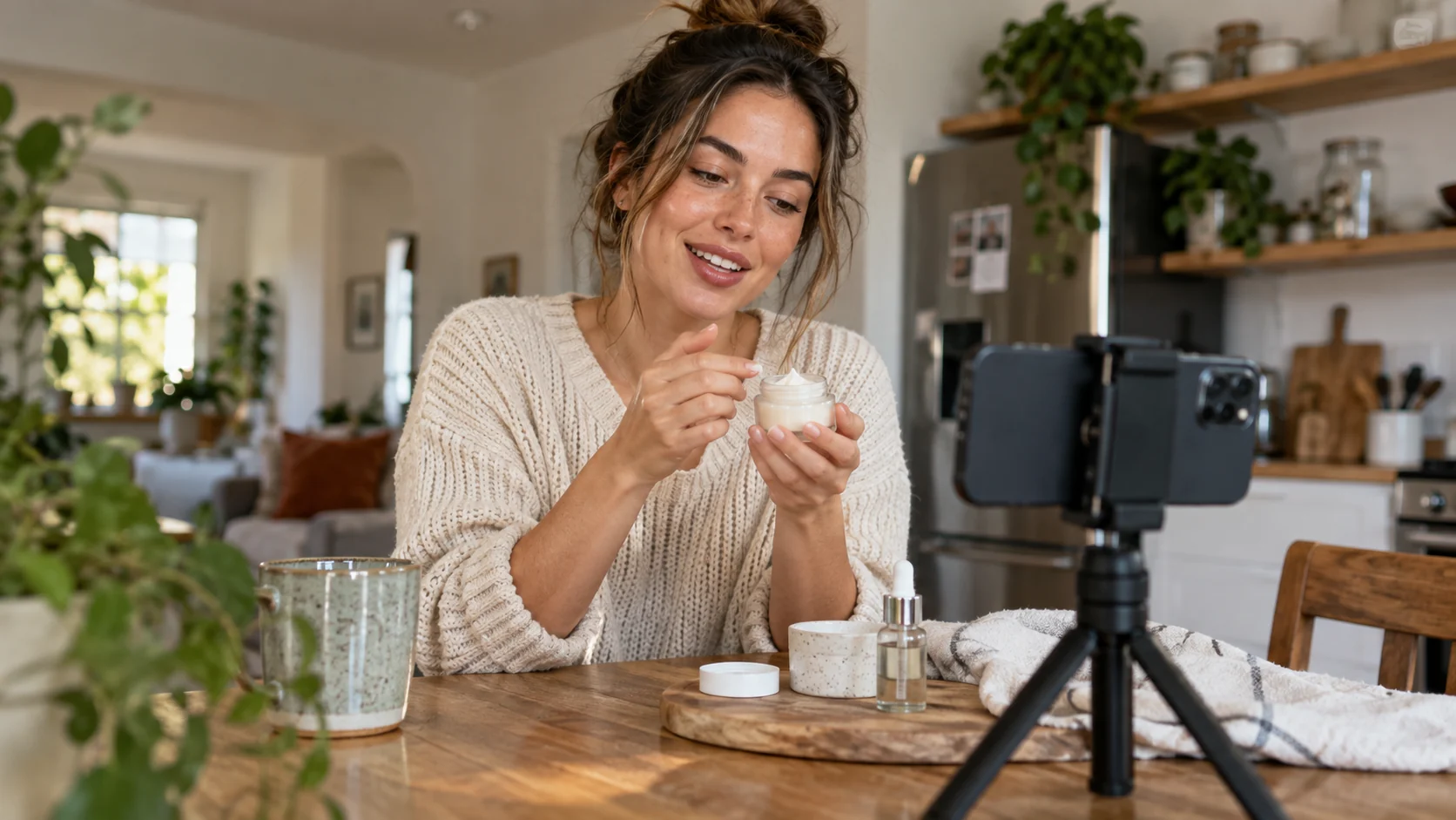 Creator filming a product with a phone at home