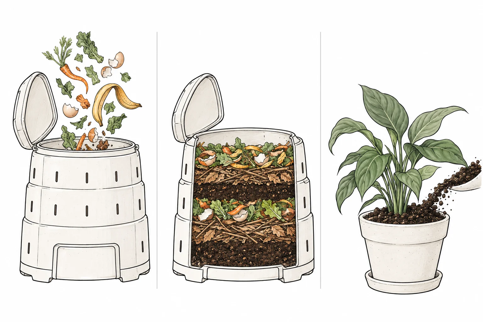 Three drawn steps showing scraps entering a compost bin, material layers and compost feeding a plant