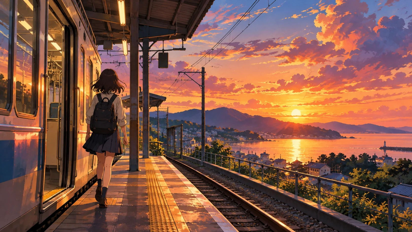 Original anime-style train platform scene at sunset