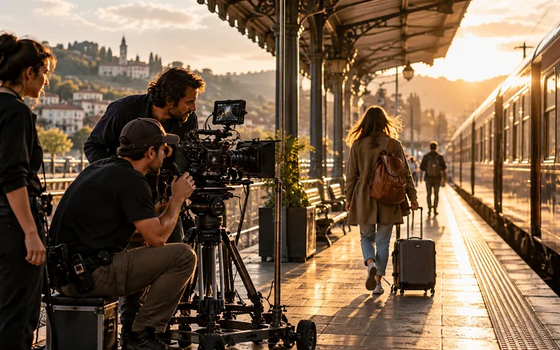 Film crew recording a traveler on a sunlit railway platform