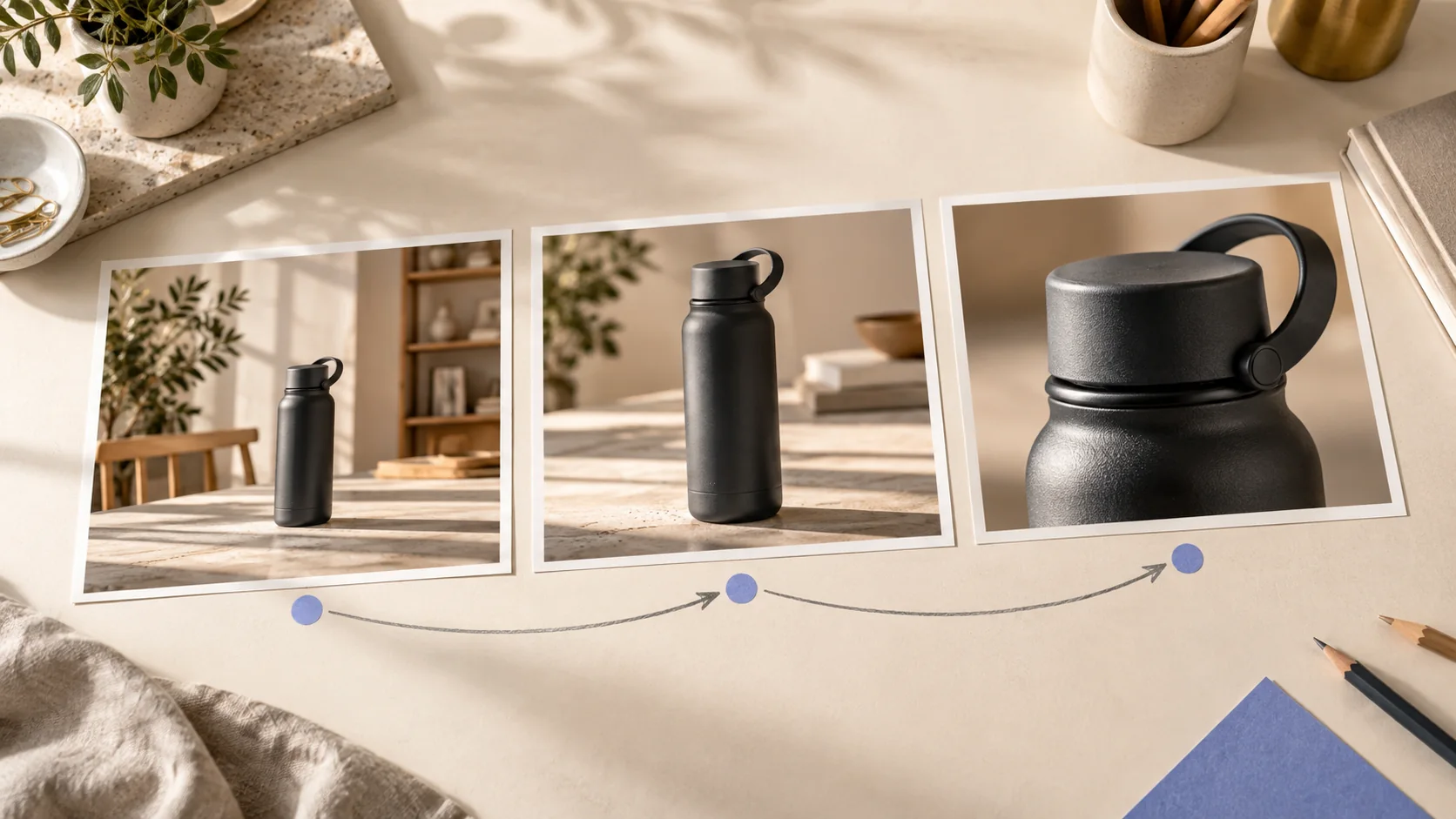 Three-frame concept storyboard showing a black bottle from wide view to closer product detail